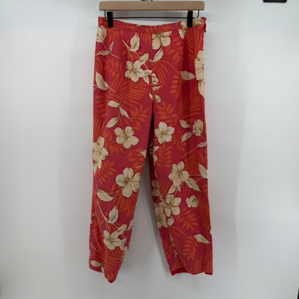 Talbots Floral Pants Womens‎ 12P Red Silk Linen Tropical Hibiscus High Rise